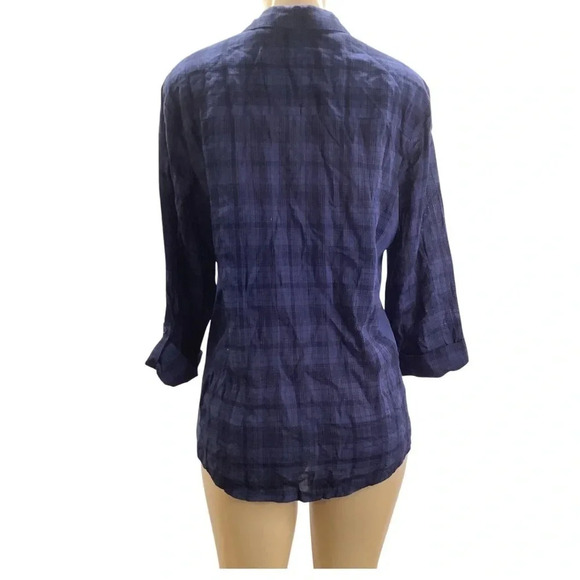 Emily Daniels Blue & Black Checkered 3/4 Sleeve Button Up Blouse Size Large New - Picture 2 of 8